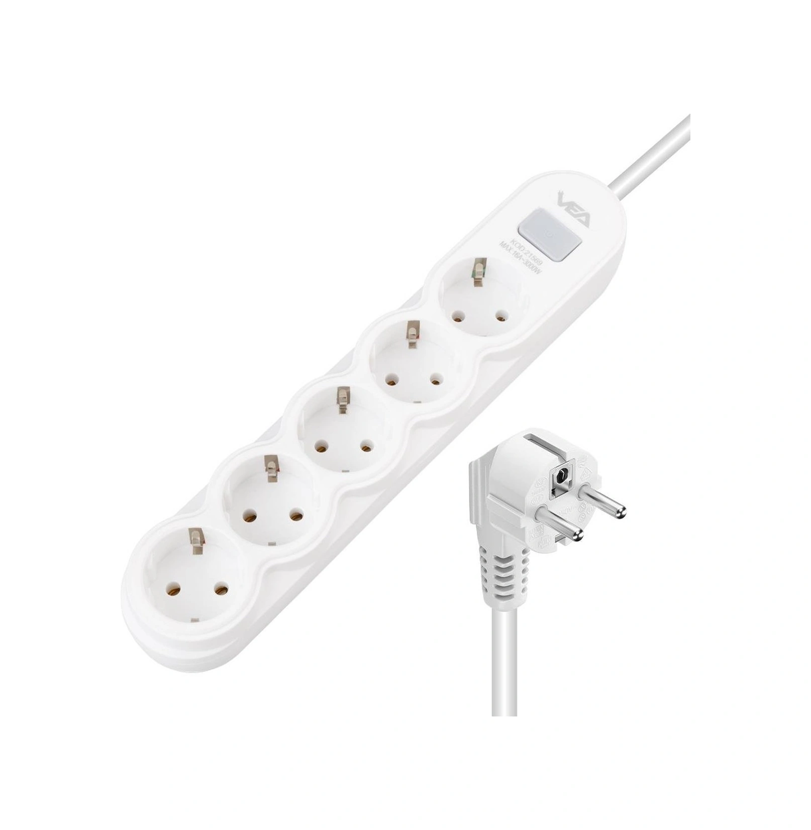 Va-21569 5'li Anahtarlı 1.5 Metre Akım Korumalı Priz Beyaz 1,5 m