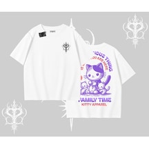 Tarzsokak Family Time Yazılı Sevimli Anne Kedi Arka Baskılı Oversize Tshirt Beyaz