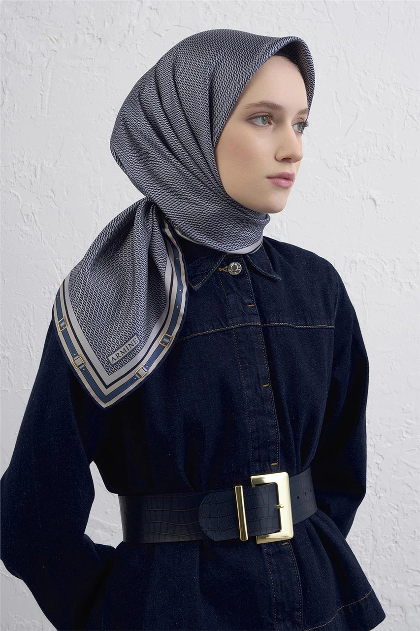 Armine Monogram Desenli Saf İpek Twill Eşarp 9401d 04 Mavi