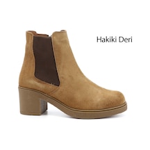 Gönderi R Açık Taba Süet Fermuarlı Kalın Topuklu Hakiki Deri Chelsea Bot Taba Süet