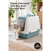 10 Adet Kapalı Çekmeceli Orta Boy Kedi Tuvaleti Mavi