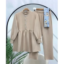 Lovie Moda Kadın Taş Düğmeli İkili Takım Bej