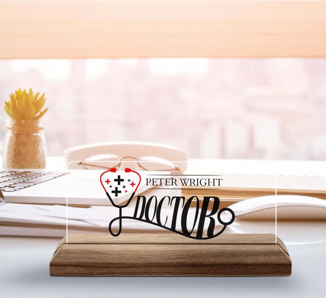 Bk Gift Kişiye Özel İsimli Doktor Temalı Ahşap Tabanlı Akrilik Masa İsimliği-5, Ofis Dekoru, Mesleki Hediye, Ofis Hediyeleri Kobitmeyen137892 Bk Gift
