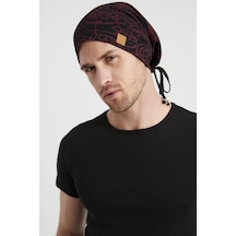 Erkek Siyah, Kırmızı Desenli, İp Detaylı 4 Mevsim Şapka Bere Buff -ultra Yumuşak Doğal Penye-6548 - Erkek