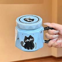 3d Kedi Figürlü Kapaklı Kupa Bardak Mavi