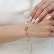925 Ayar Gümüş Beyaz İncili Asimetrik Gold Bileklik-5mm