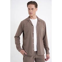 Comfort Fit Apaş Yaka Doku Desenli %100 Pamuk Vizon Gömlek Ceket G 1601