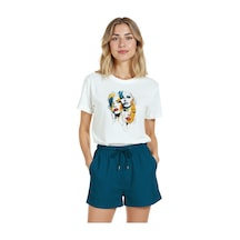 Kadın Beyaz Relaxed Fit %100 Pamuk Tişört Soyut Çok Renkli Yüzl Beyaz