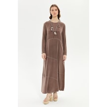 Müsemma Uzun Kol Maxi Elbise - Minimalist, Günlük, Doğal Kumaş Kahve
