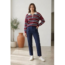 Unika Boutique Kadın Polo Yaka Çizgili Triko Kazak Çok Renkli