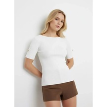 Park Karon Kadın Geniş Yaka Selanik Örgü Aksesuar Detay Rayon Triko Kazak 12414.ocn Kemik