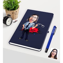 Kişiye Özel Kadın Polis Karikatürlü Lacivert Defter Kalem Seti Lacivert