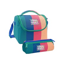 Coral High Kız Çocuk Yeşil Mavi Pembe Renkli Çizgili Thermo Beslenme Çantası Ve Üç Bölmeli Kalemlik Seti Çok Renkli