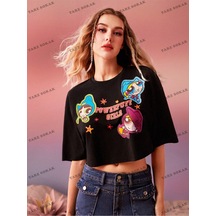 Flood Of Style Crop Ckod-232913 Beyaz Örme Kadın Karikatür Çiçek Baskılı Siyah
