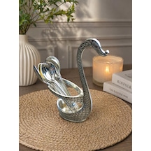 Kaşıklık Seti 6 Lı Metal Kaşık Standı Dekoratif Çay Kaşığı Seti Kuğu Tasarımlı 12 Cm Kaşık 15 Cm Stand Gri
