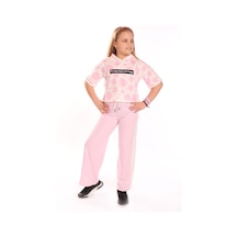 Toontoy Kids Toontoy Kız Çocuk 2'li Takım Baskılı Kısa Kollu Kapüşonlu Sweatshirt & Beli Lastikli Yanı Bantlı Bol Paça Eşofman Altı - 30/1 Penye Açık Pembe