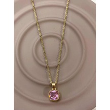 Gold Renk Zarif Kare Pembe Zirkon Taşlı Parlak Vintage Şıklık 316l Çelik Kolye Gold