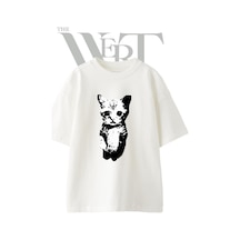 Thewert Kedi Siluet Tasarım Baskılı Ünisex Beyaz Oversize T-shirt