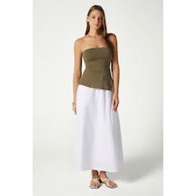Kadın Seaside Beyaz Astarlı Bel Lastikli Cepli Dokuma Uzun Etek Beyaz