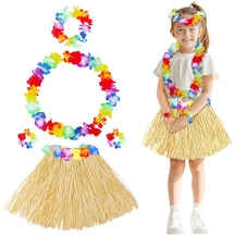 Yetişkin Çocuk Hawaii Parti Seti - 40 Cm Naturel Etek + Çiçek Aksesuarlar 5 Parça 5691 "