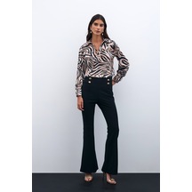 Desenli Gömlek Yaka Bluz - Siyah-135570 Siyah