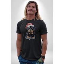 Yeni Yıl Noel Rottweiler Unisex Unisex Siyah Organik Baskılı T-shirt Penye Yüksek Kalite Siyah