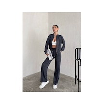 Winmoda34 Kadın Modal Kumaş Kolej Yaka Fermuarlı Cepli Bol Paça Takım Füme