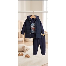 Efemkids 3'lü Kapitone Baskılı Erkek Bebek Takım 6-9 Ay 9-12 Ay 12-18 Ay 18-24 Ay Yenidoğan Bebek Takım Yelek+uzun Kollu Kapüşonlu Body+pijama Kız Bebek Takım Lacivert