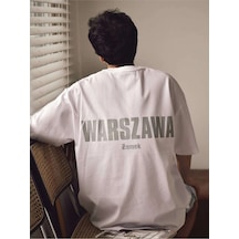 Erkek Oversize Warszawa Baskılı Beyaz T-shirt Beyaz