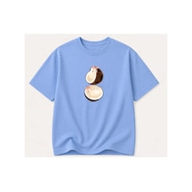 Herkesemoda Coconat Baskı Detaylı Kadın Bisiklet Yaka Pamuklu T-shirt Mavi