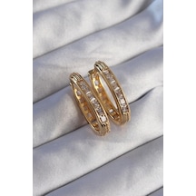 Ceylan Adam Pirinç Gold Renk Zirkon Taşlı Oval Model Küpe Çok Renkli
