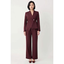 Benerly Kadın Kruvaze Kapama Ceket Pantolon Takımı Dokuma Kumaş Fitted Ke Mürdüm
