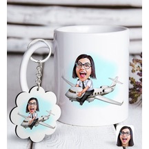 Kişiye Özel Bayan Kaptan Pilot Karikatürlü Beyaz Kupa Ve Anahtarl