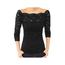 Kadın Üstler Eğik Yaka Uzun Kollu Dantel Gömlek Oyuk Dantel Eklemeli Düz Renk Dar Kesim Nakış Dantel Çiçekli Üstler Siyah