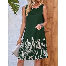 Defymoda Kadın Askılı Yuvarlak Yakalı Yaprak Desenli Dalgıç Elbise Yeşil