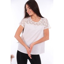 Bluz Yakası Dantel Detaylı Pamuklu Keten