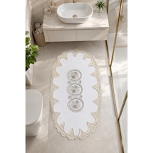 Beyaz İşlemeli Kaymaz Deri Tabanlı Oval Banyo Paspası Güpürlü Yıkanabilir Banyo Takımı Liana