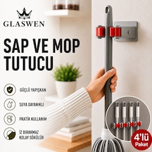 4 Adet Paspas Süpürge Fırça Ve Mop Askısı Sap Tutucu Mutfak Banyo Askı Yapışkanlı Düzenleyici Askılık Gri