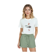 Kadın Beyaz Relaxed Fit %100 Pamuk Tişört Yansıma Ada Suluboya Beyaz