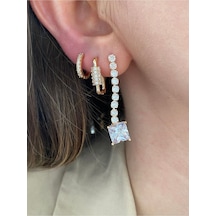Pinery Jewels Kadın İri Kare Taşlı Sallantılı 3'lü Küpe Seti Altın