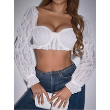 Fashion Cocktail Içi Süngerli Uzun Kol Dantel Göbek Açık Kare Yaka Mevsimlik Krop Büstiyer Beyaz