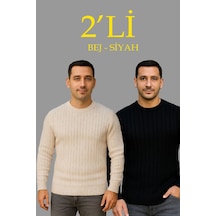 Erkek Fitilli Triko Kazak 2 Li Set Bej Beyaz Kalın Dokuma Pamuklu Regular Fit Bisiklet Çok Renkli