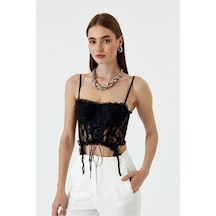 Fashion Cocktail Ön Korseli Askılı Göğüs Pedli Dekoratif Saçaklı Dantelli Gece Krop Büstiyer Siyah