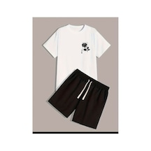 Medinenur Göğüs Gül Baskılı T-shirt Short Bol Paça Rahat Kalıp Siyah Alt Siyah Üst Short Takım Beyaz