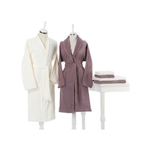 Özdilek Orkide Güpürlü Aile Bornoz Seti Krem - Mürdüm