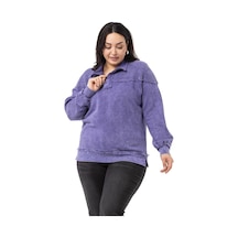 Büyük Beden Pis Dikişli Fermuarlı Yırtmaçlı Parça Boyalı Mor Sweatshirt-mor Mor