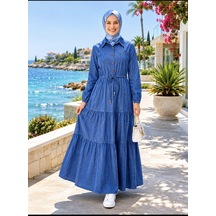 Hb Harma Time Butik Kadın Düğmeli Cepli Bağcıklı Tensel Kumaş Koyu Mavi Kot Elbise