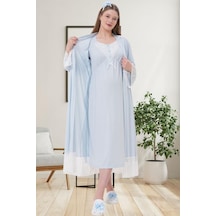 Mecit Pijama Mecit 6204 Bayan Mavi Hamile Lohusa Sabahlık Gecelik Takım