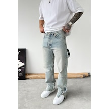 Eskitme Buz Mavi Paça Fermuar Detay Baggy Pantolon