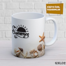 Kişiye Özel Kupa İsimli & Fotoğraflı Premium Hediye Bardak Deniz Kabuğu Temalı Beyaz